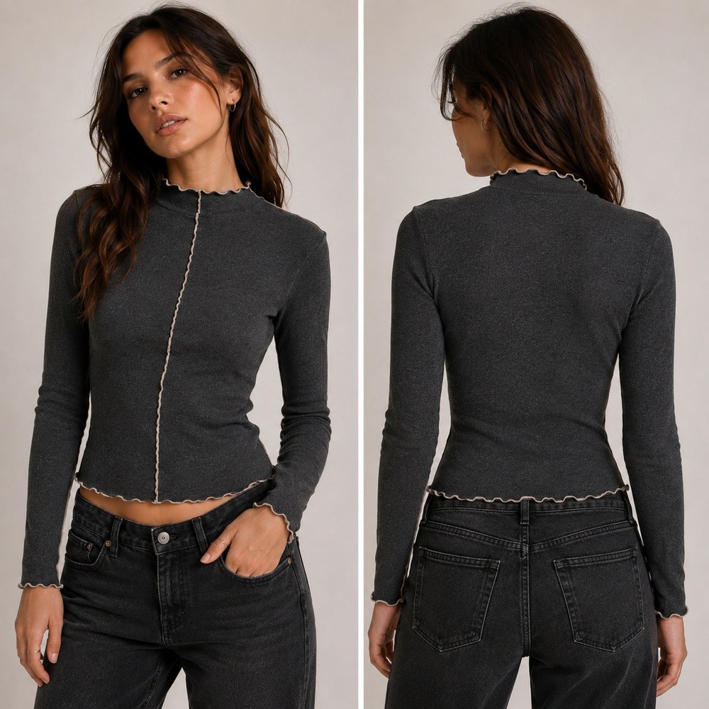Paper Crane XS Gray Exposed Seam Long Sleeve Top Y2K Lettuce Edge Fitted